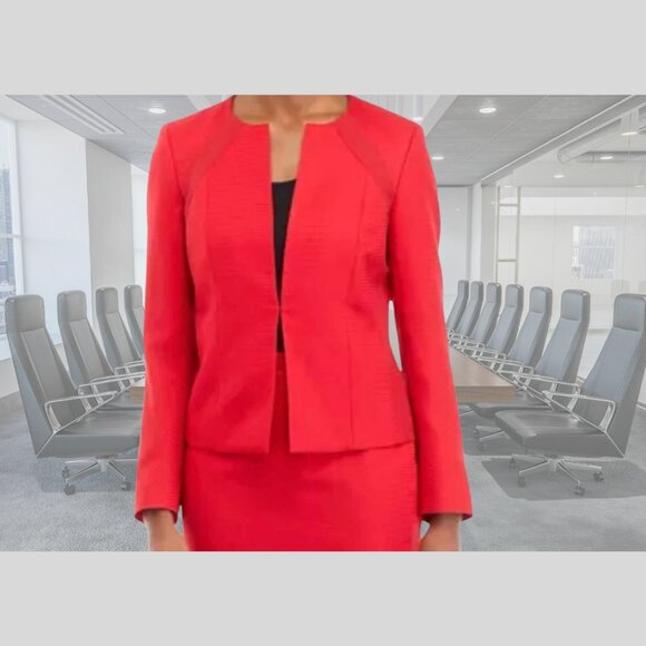 NWT - Le Suit Houndstooth Pencil 2Pc Skirt Suit Set - Collarless - Cherry - 6 - Picture 4 of 10